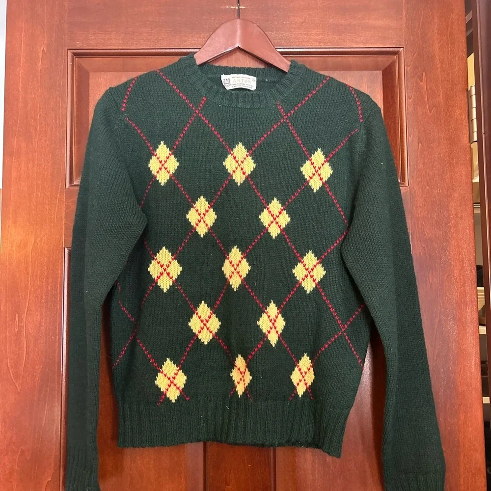 Vintage 60s Argyle Wool Sweater Aston Green Hand Framed Knit Men size‎ 38 (S/M?)
